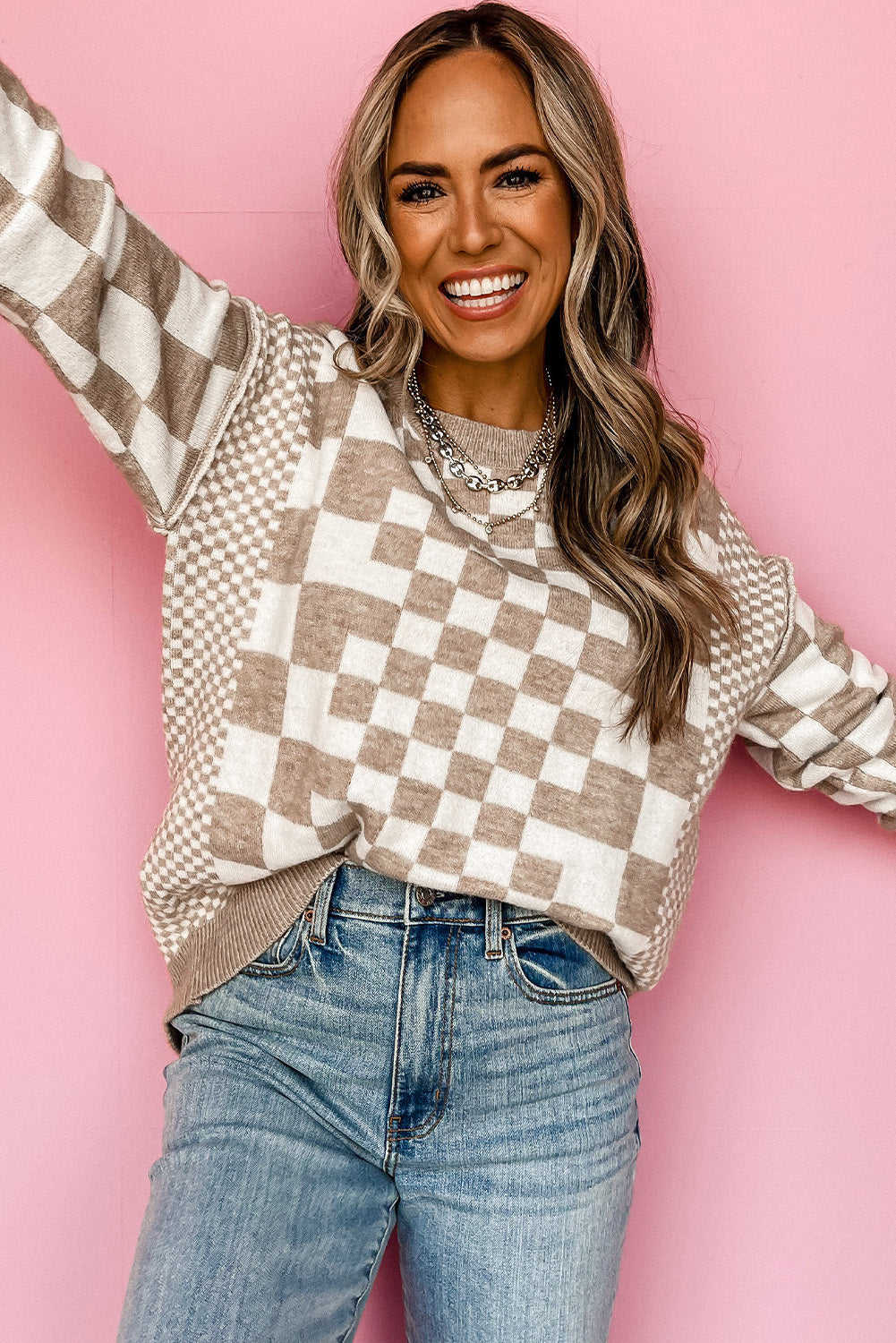 Khaki Checkered Print Drop Shoulder Round Neck Sweater eAura