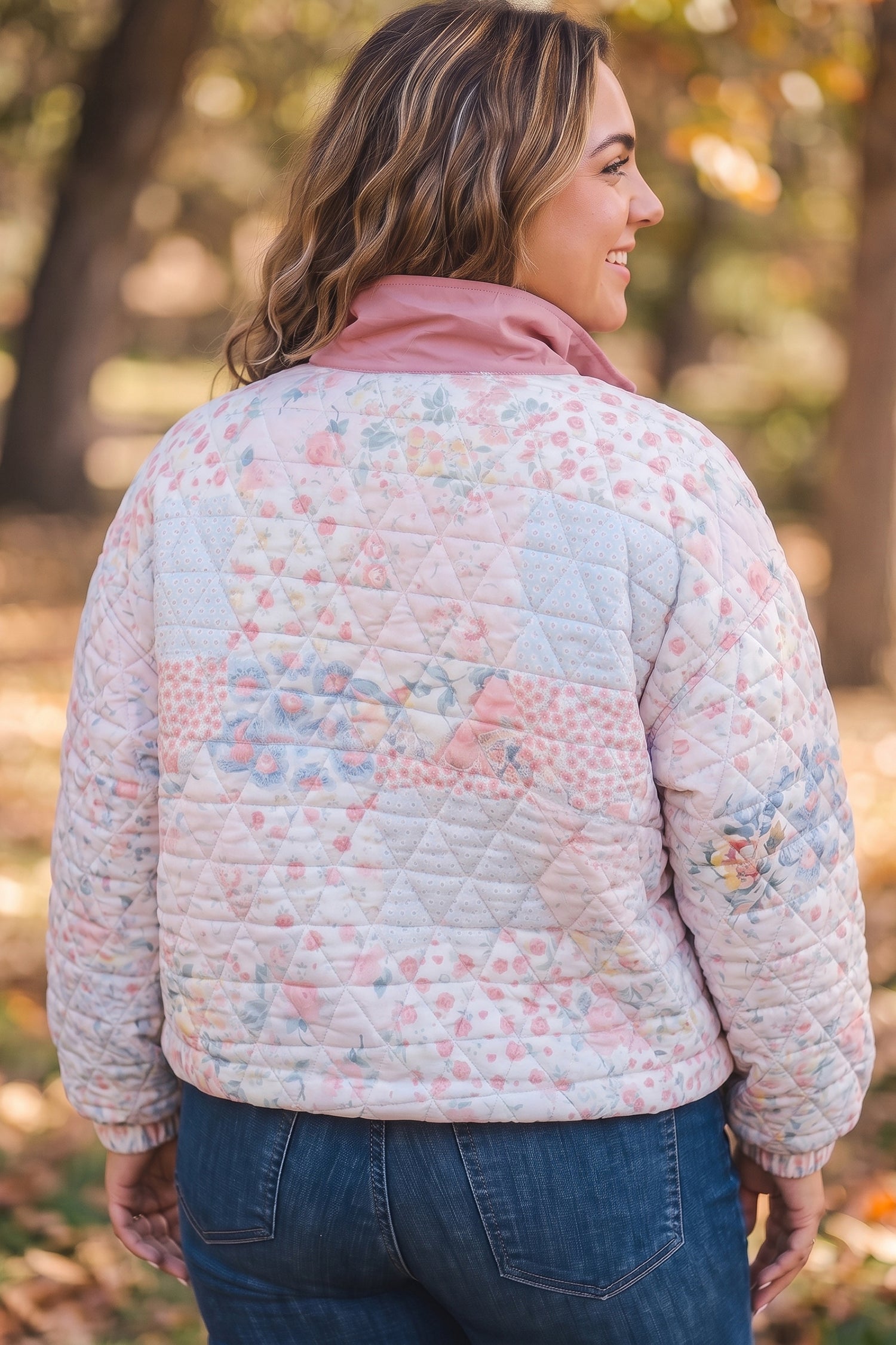 Floral Quilted V-Neck Plus Size Fake Pocket Sweatshirt – Pink