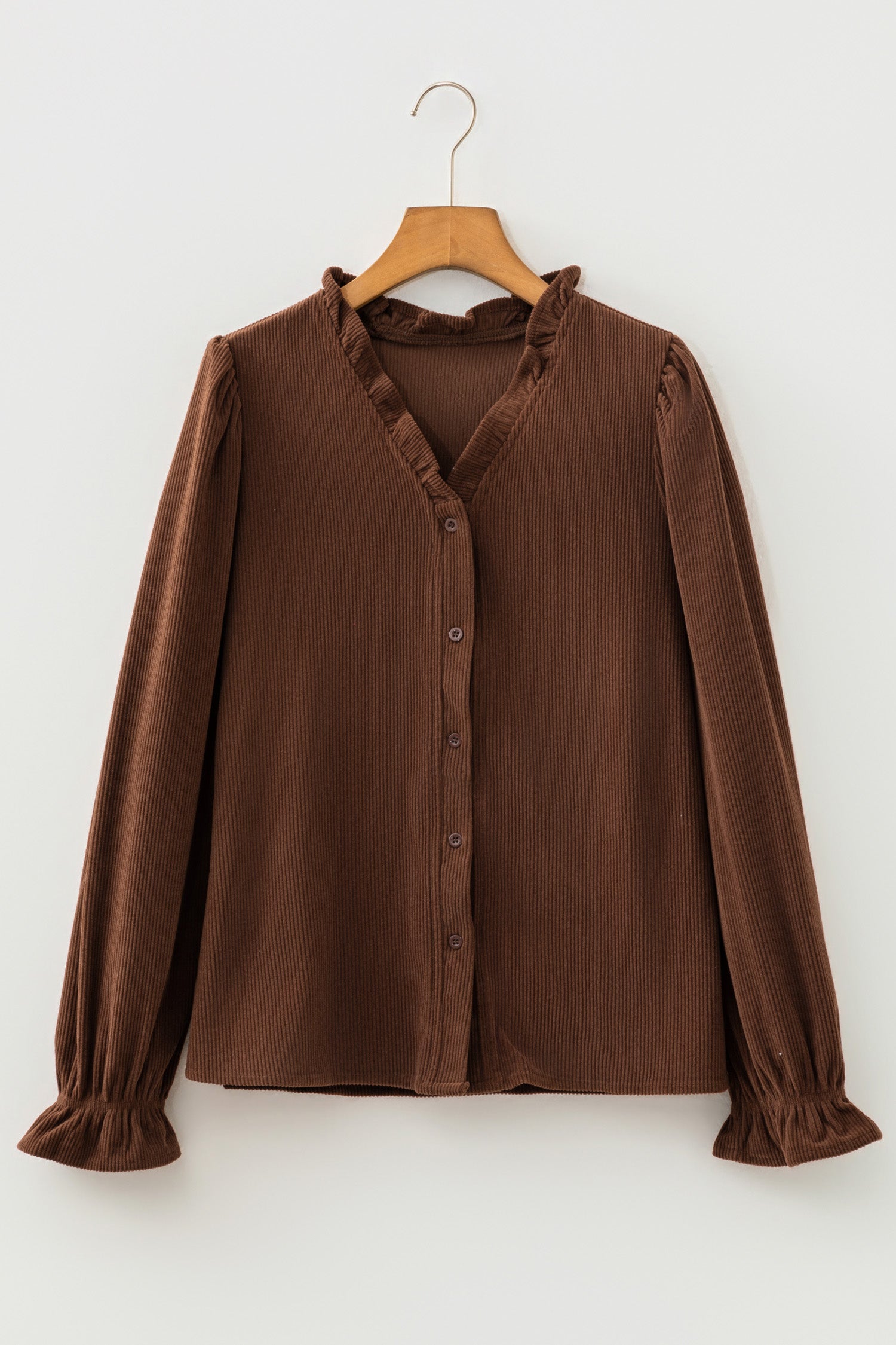 Coffee Solid Color Ruffle Trim V Neck Long Sleeve Button Corduroy Shakcet – Brown