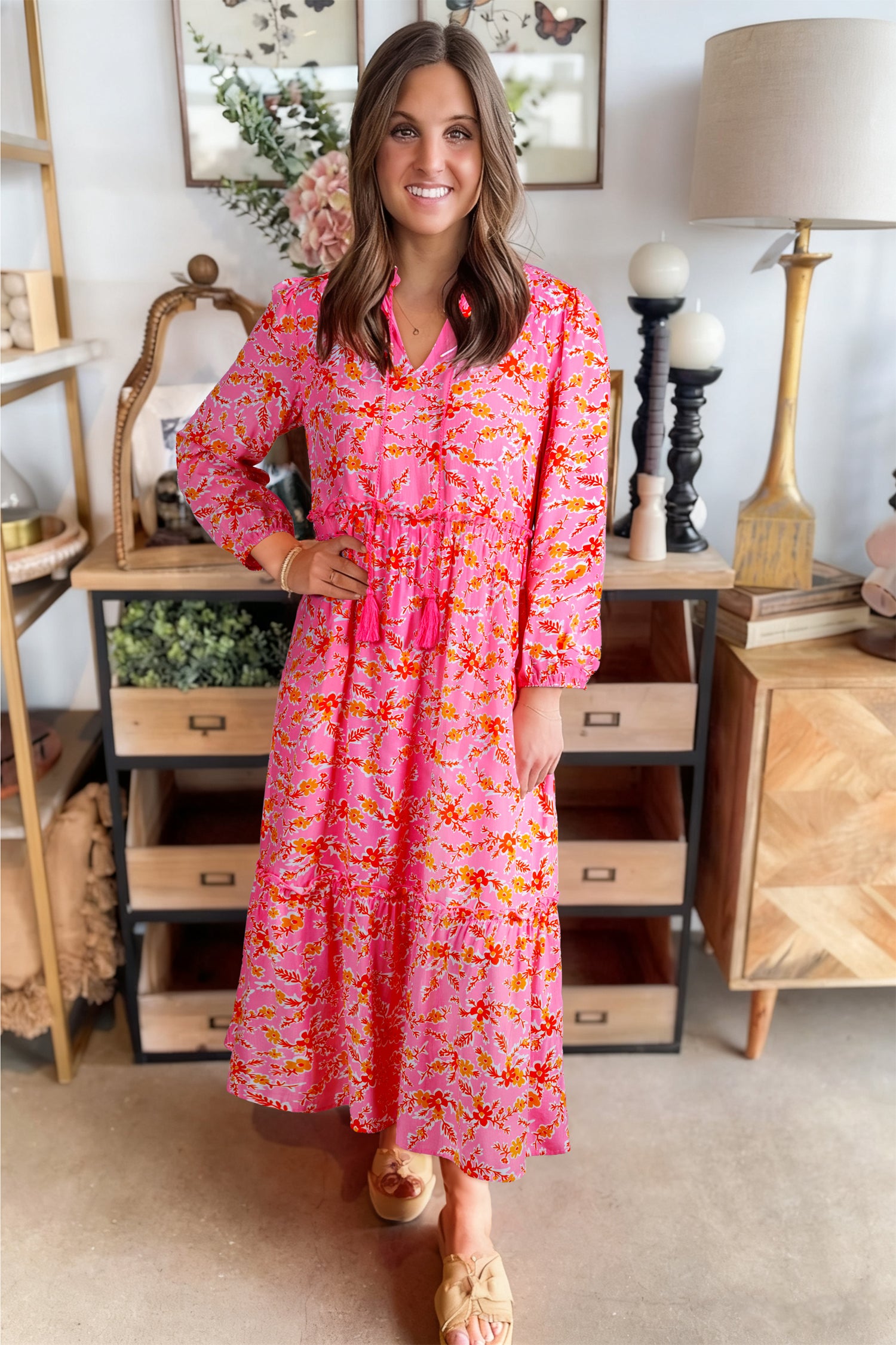 Pink Floral Long Sleeve Tassel Tied V-Neck Maxi Dress
