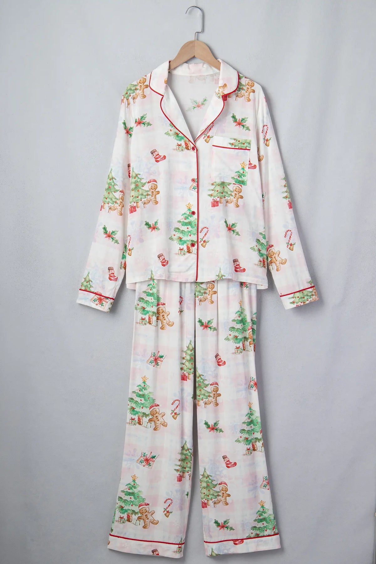 Pink Plaid Snowflake Christmas Gingerbread Man Print Long 2pcs Lounge Set