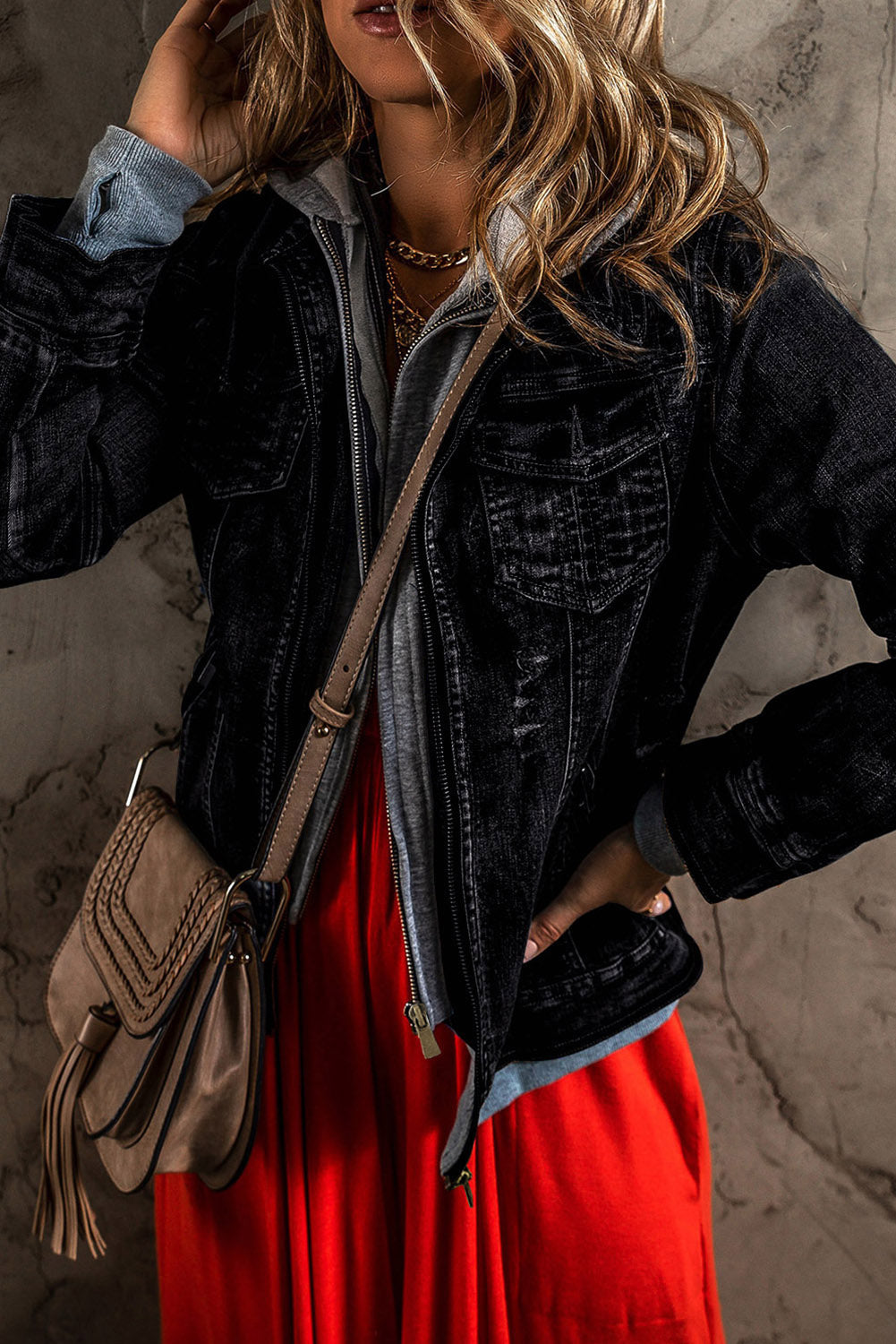 Black Fake Two-Piece Hooded Zip-Up Denim Jacket eAura