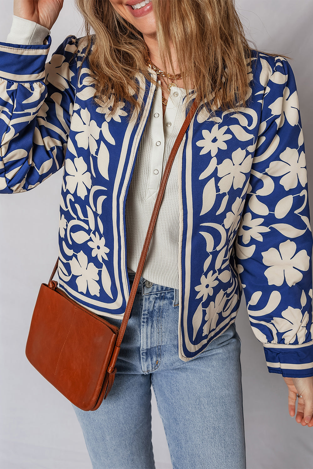 Blue Flower Print Open Front Buttoned Cuffs Elegant Jacket Dear-Lover Dropshipping