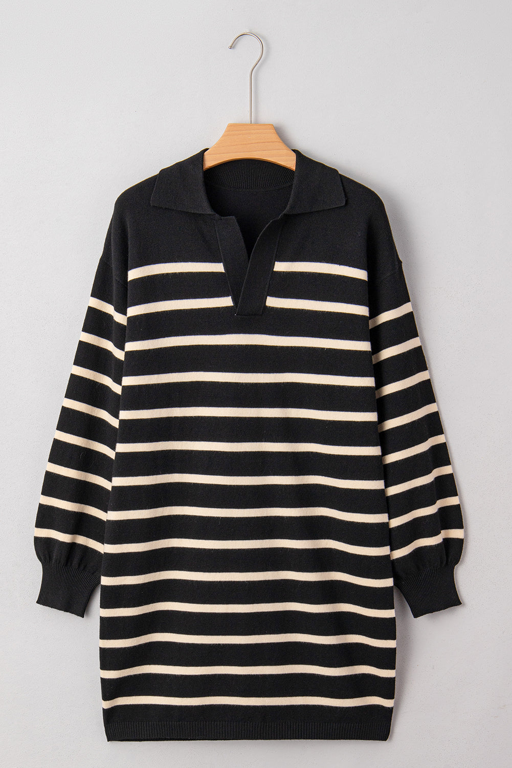 Striped Polo Collar Puff Sleeve Sweater Mini Dress eAura