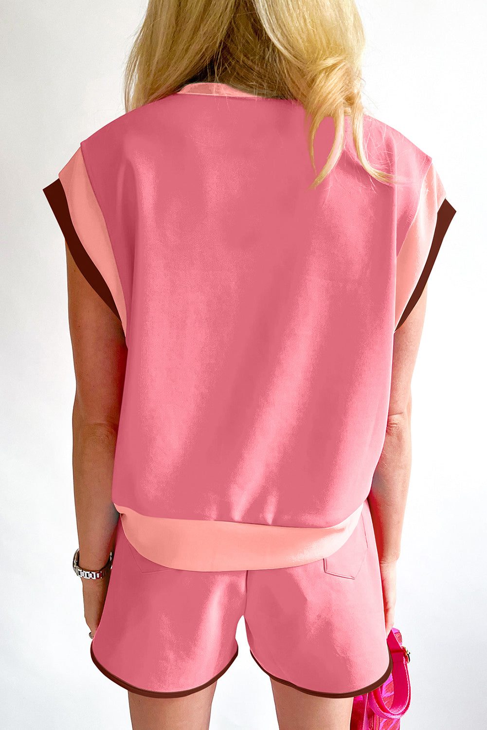 Coffee Contrast Trim Cap Sleeve Tee Shorts Set eAura