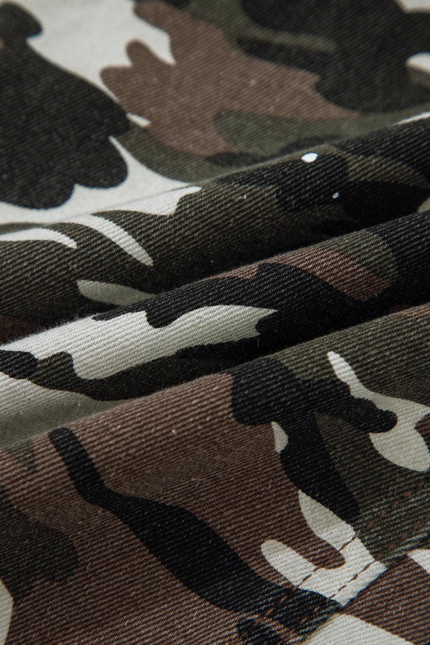 Camouflage Print Splashed Distressed Loose Denim Pants - eAura