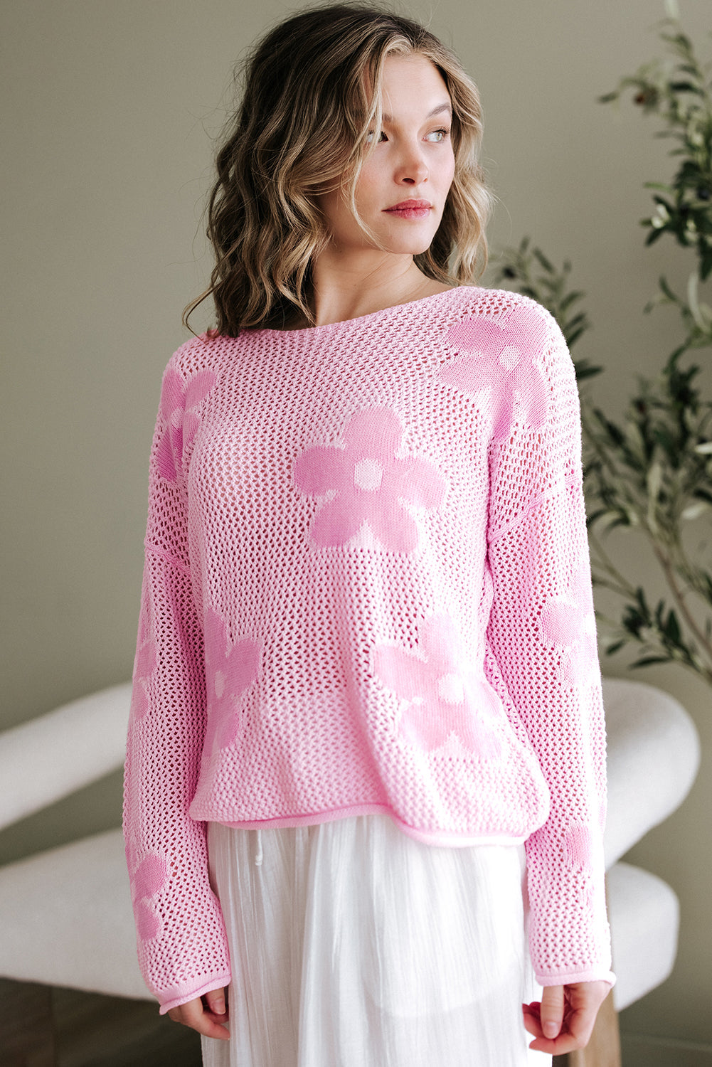 Light Pink Big Flower Hollowed Knit Drop Shoulder Sweater eAura