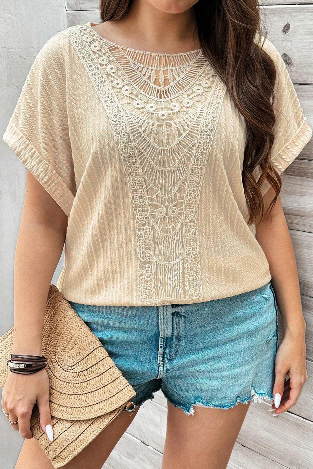 Beige Lace Crochet Patched Cable Textured Cuffed Short Sleeve Plus Size Top BB Fashion Outlet
