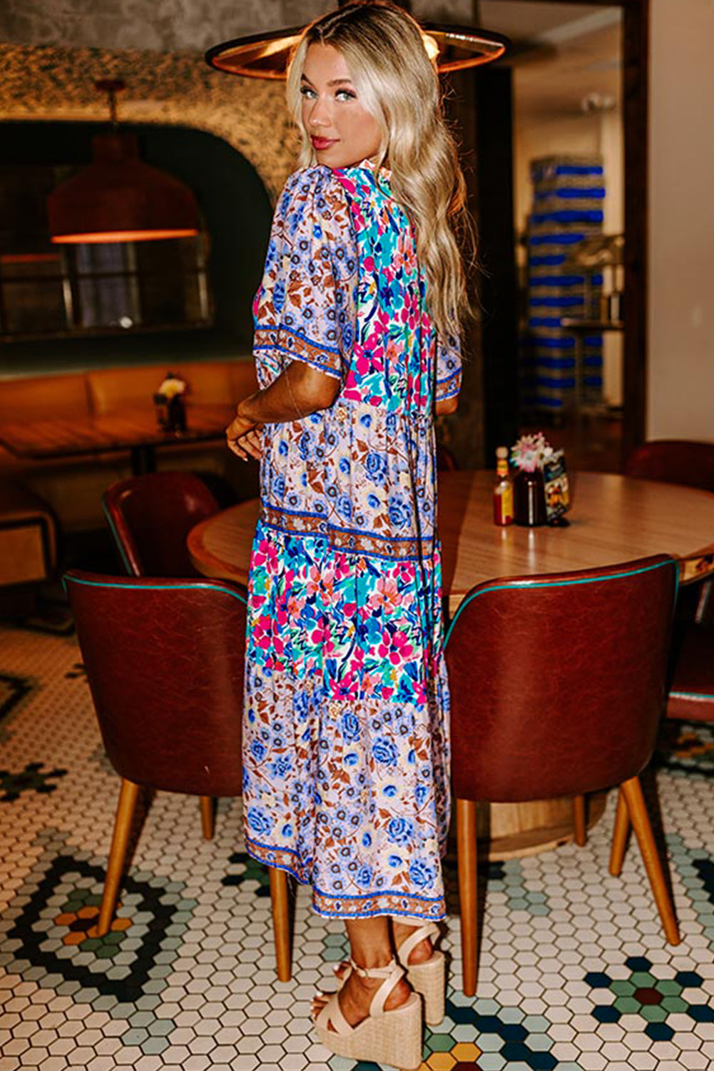 Sky Blue Mixed Floral Print Tie Split Neck Short Sleeve Dress eAura