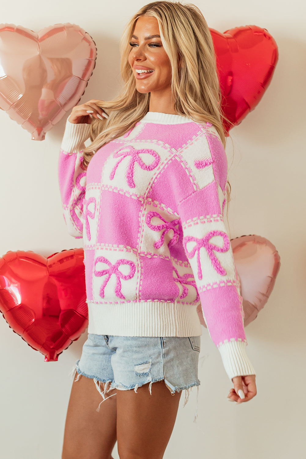 Pink Bow Knot Two Tone Checkered Crew Neck Sweater eAura