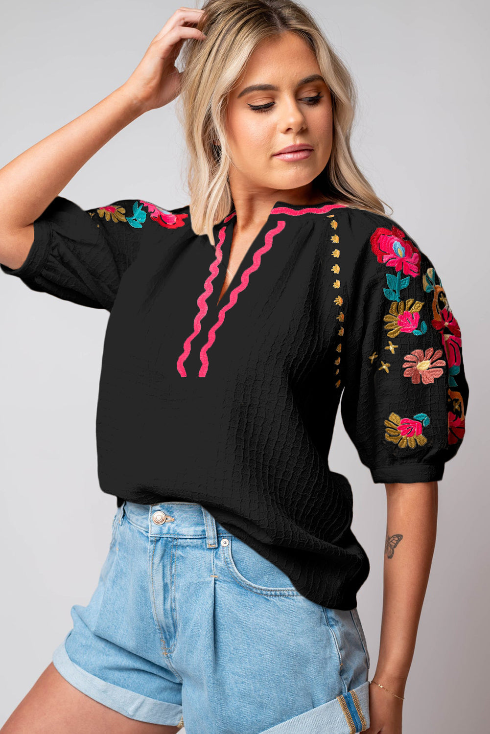 Beige Floral Embroidered Ricrac Puff Sleeve Textured Blouse BB Fashion Outlet