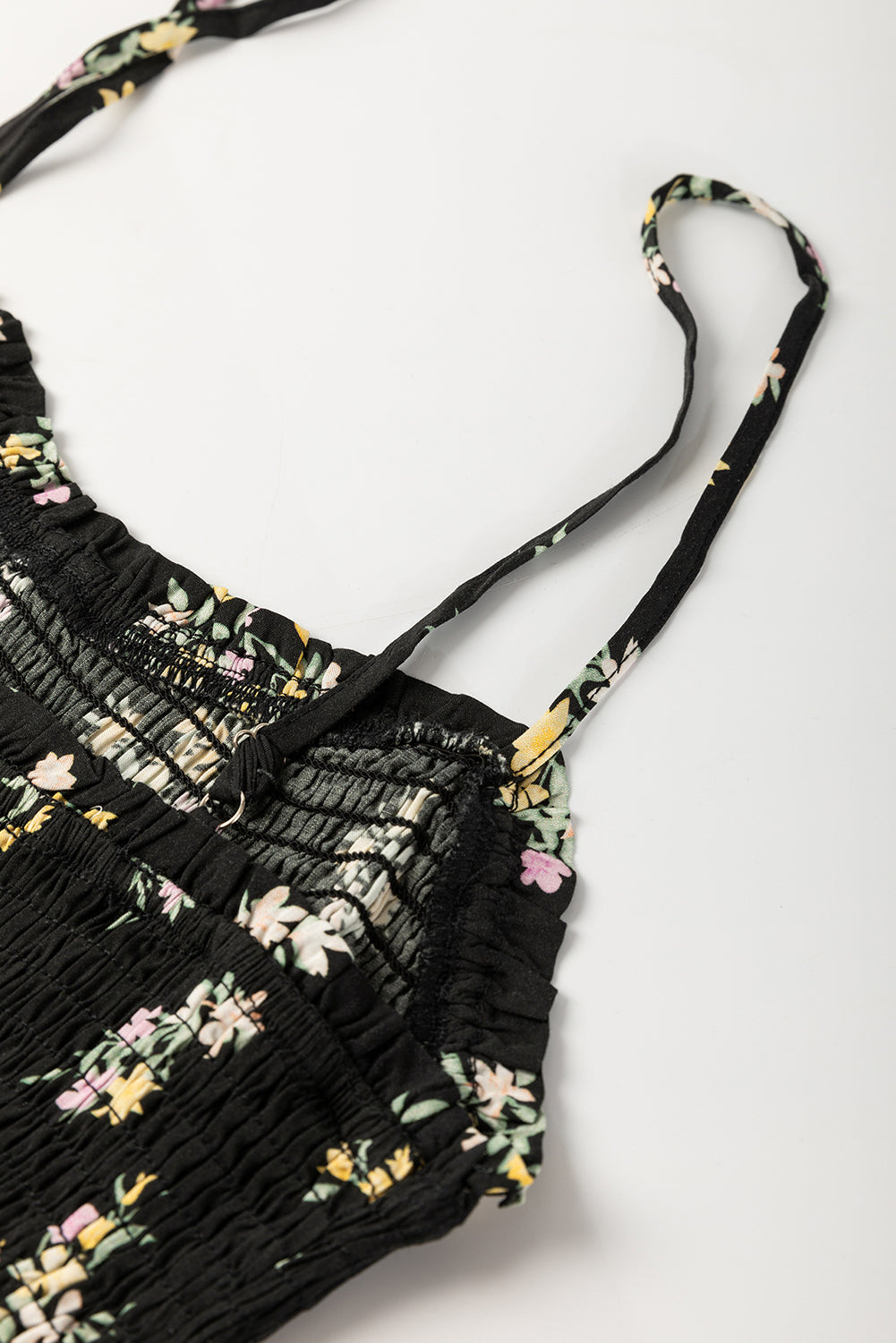 Black Floral Spaghetti Strap Shirred Bodice Tied Empire Waist Maxi Dress eAura