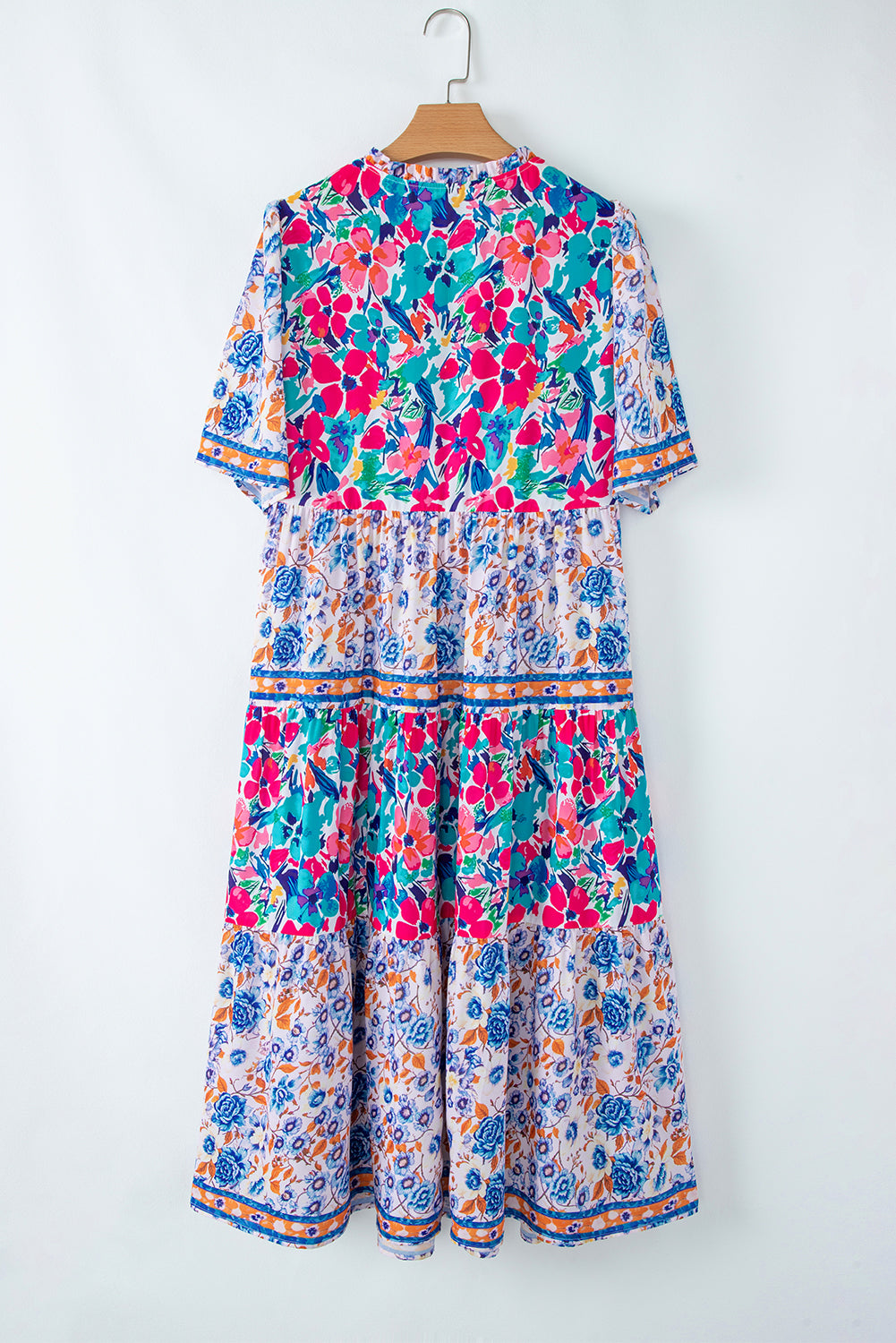 Sky Blue Mixed Floral Print Tie Split Neck Short Sleeve Dress eAura
