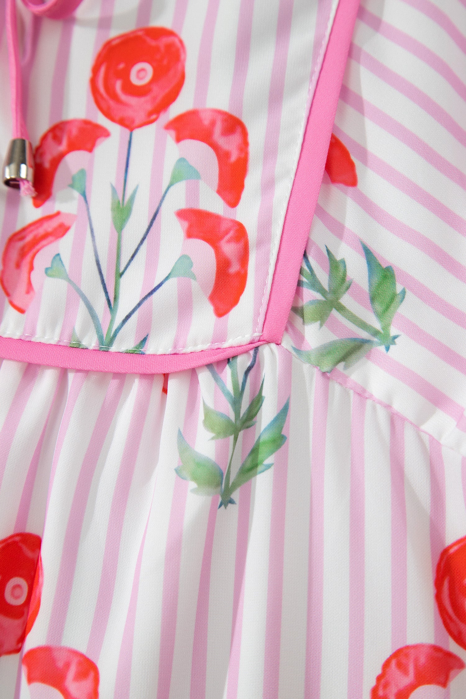 Floral Striped Tie Neck Puff Sleeve Mini Dress – Light Blue & Pink