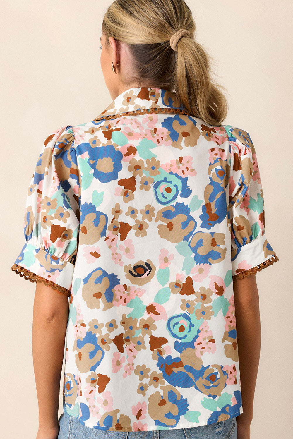 Multicolour Floral Print Ricrac Trim Collared Puff Short Sleeve Shirt eAura