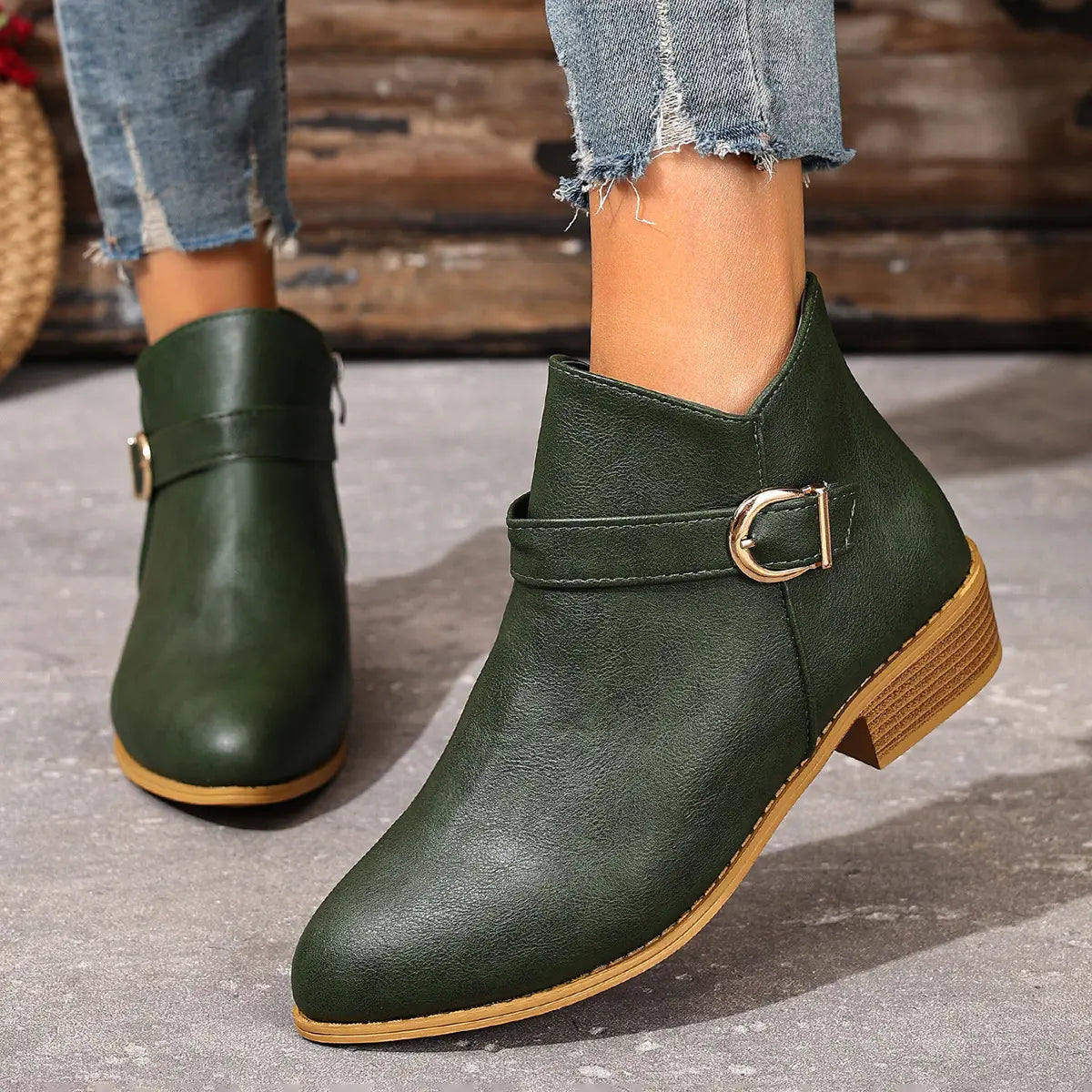Green boots, front and side view
