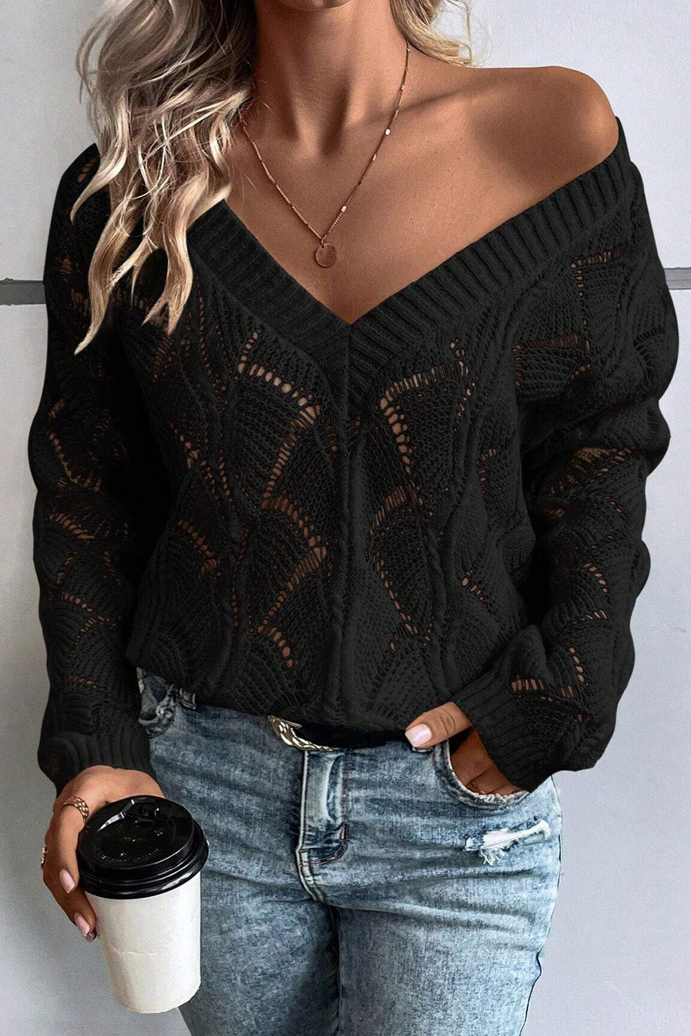 Mint Green Hollow Out Knit V Neck Drop Shoulder Sweater eAura