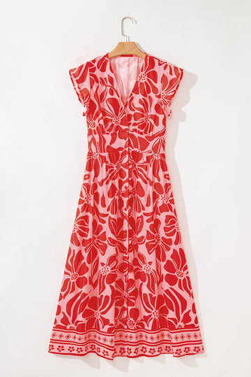 Floral Short Sleeve V-Neck Buttoned Shirred Waist Long Dress - Dresses/Floral Dresses