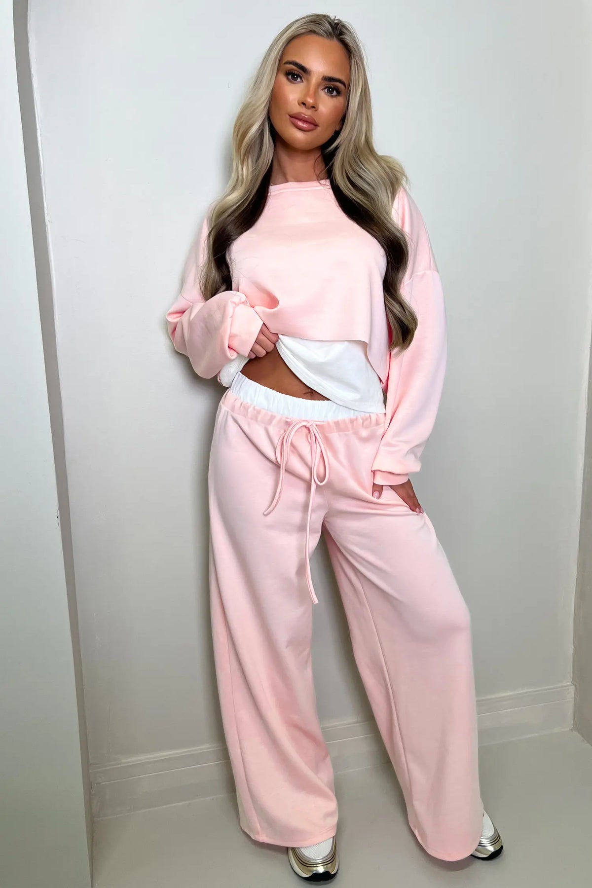 Colour Contrast Overlay Long Sleeve Top Drawstring Loose Pant Set