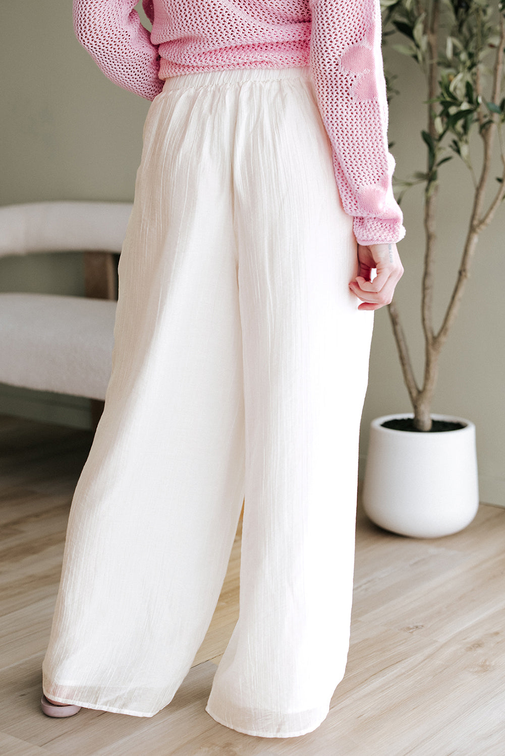White Casual Tie Waist Pleated Wide Leg Pants BB Fashion Outlet