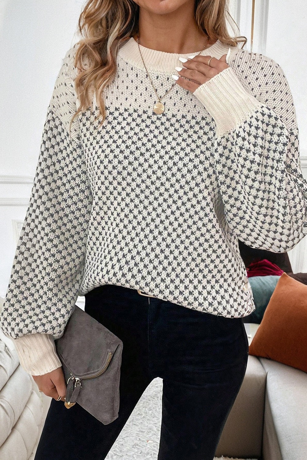 Contrast Colour Pattern Lantern Sleeve Sweater eAura
