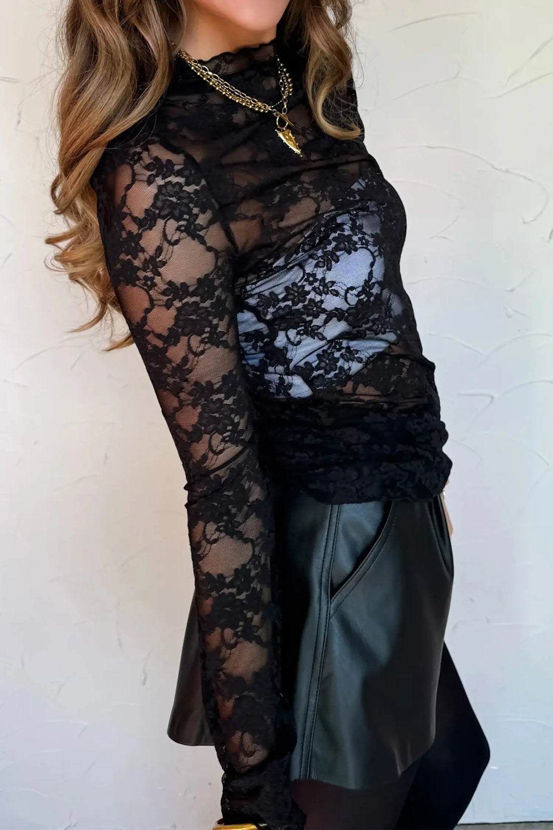 Sheer Floral Lace Lettuce Trim Mock Neck Long Sleeve Top – Black