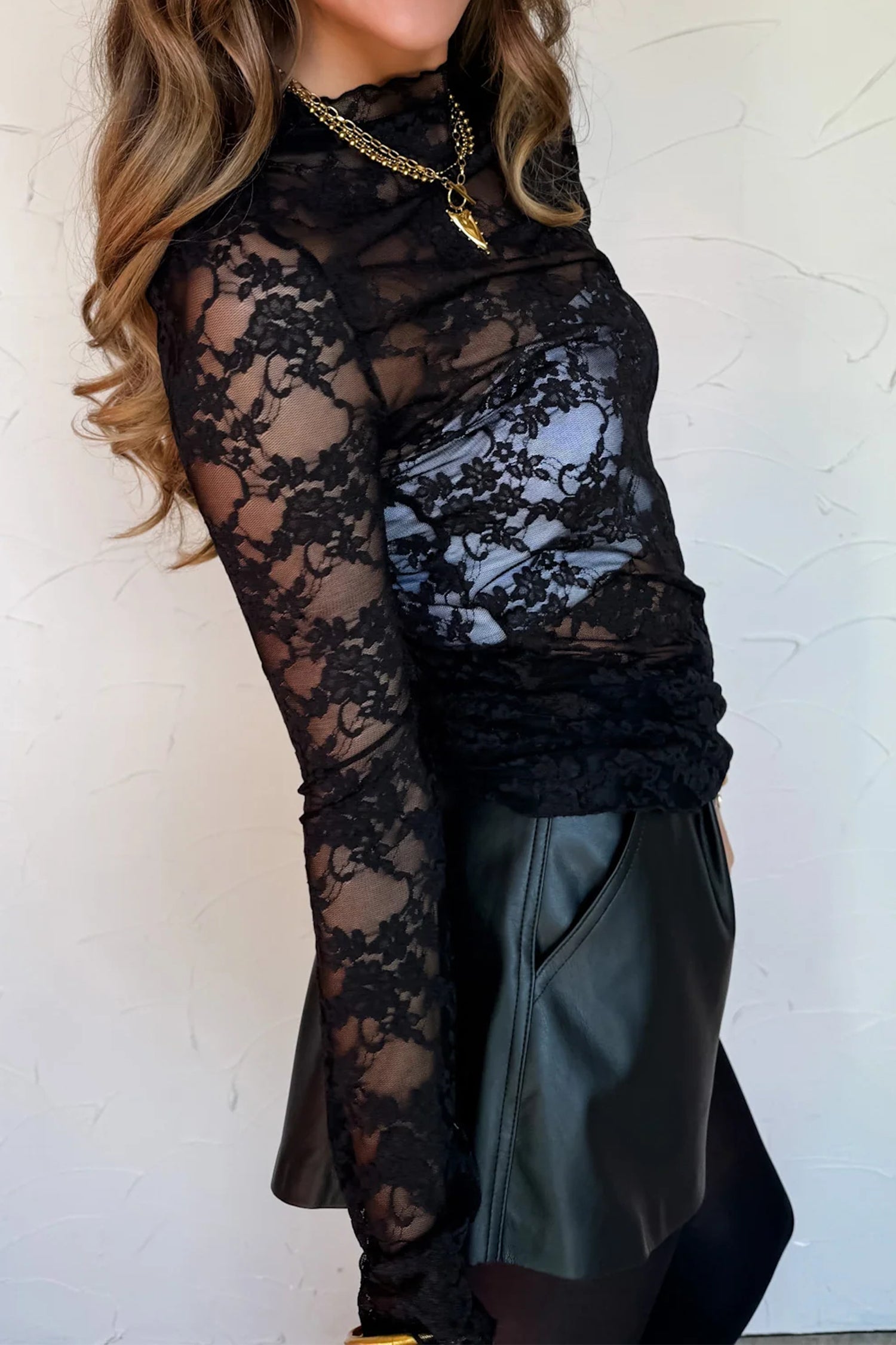 Sheer Floral Lace Lettuce Trim Mock Neck Long Sleeve Top – Black