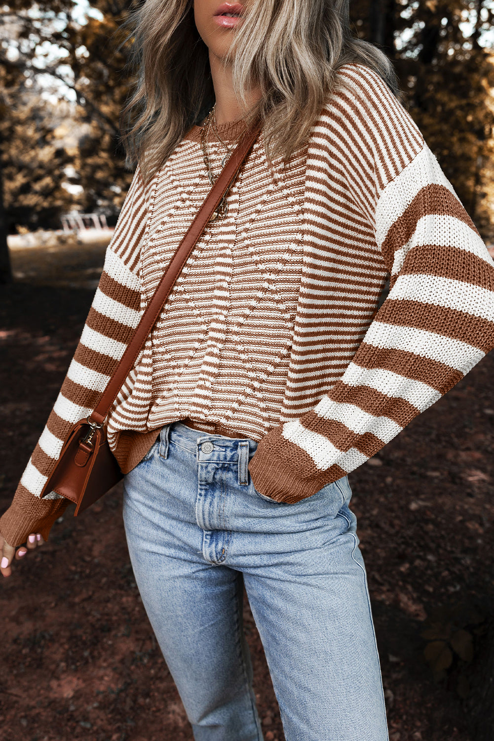 Red Stripe Geometric Textured Drop Shoulder Sweater eAura
