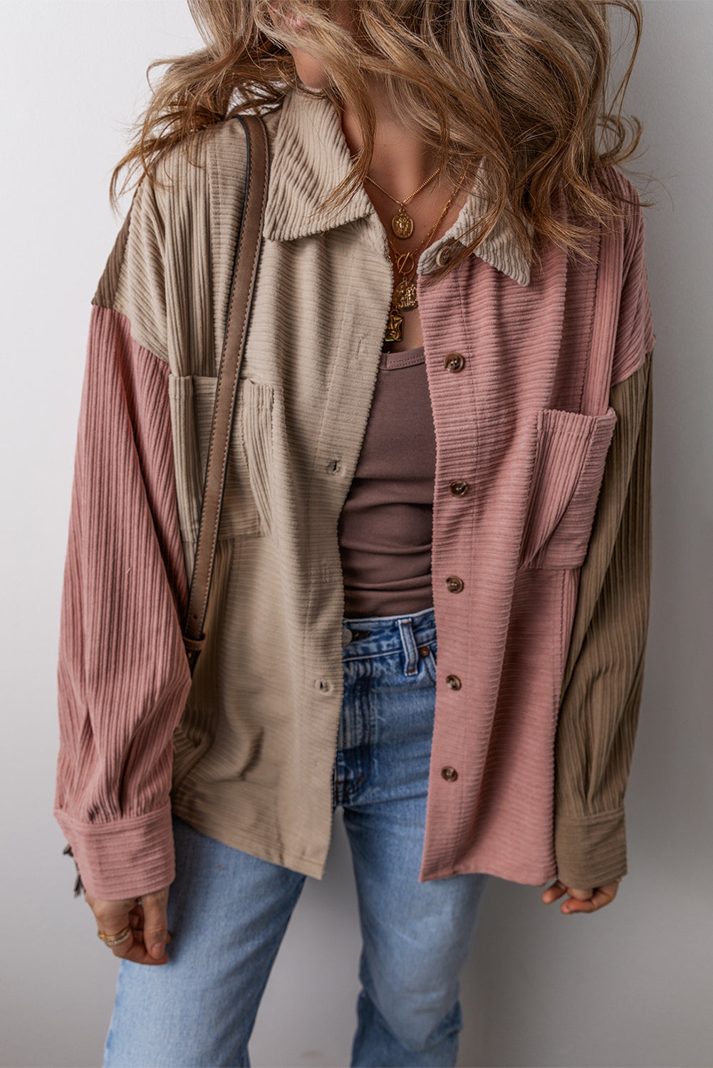 Mineral Red Colour Block Chest Pockets Buttoned Corduroy Shacket eAura