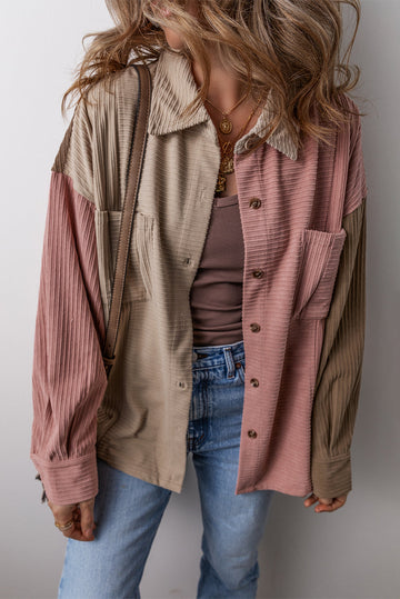 Mineral Red Colour Block Chest Pockets Buttoned Corduroy Shacket eAura