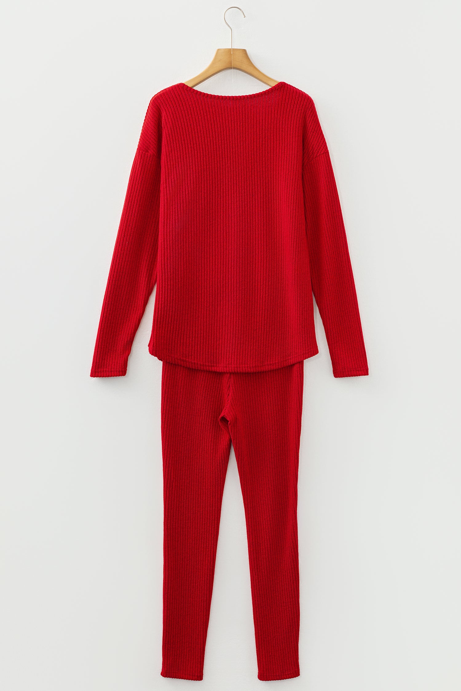 Ribbed Notched Neck Knit Long Sleeve Leggings Two Pieces Lounge Set – Racing Red