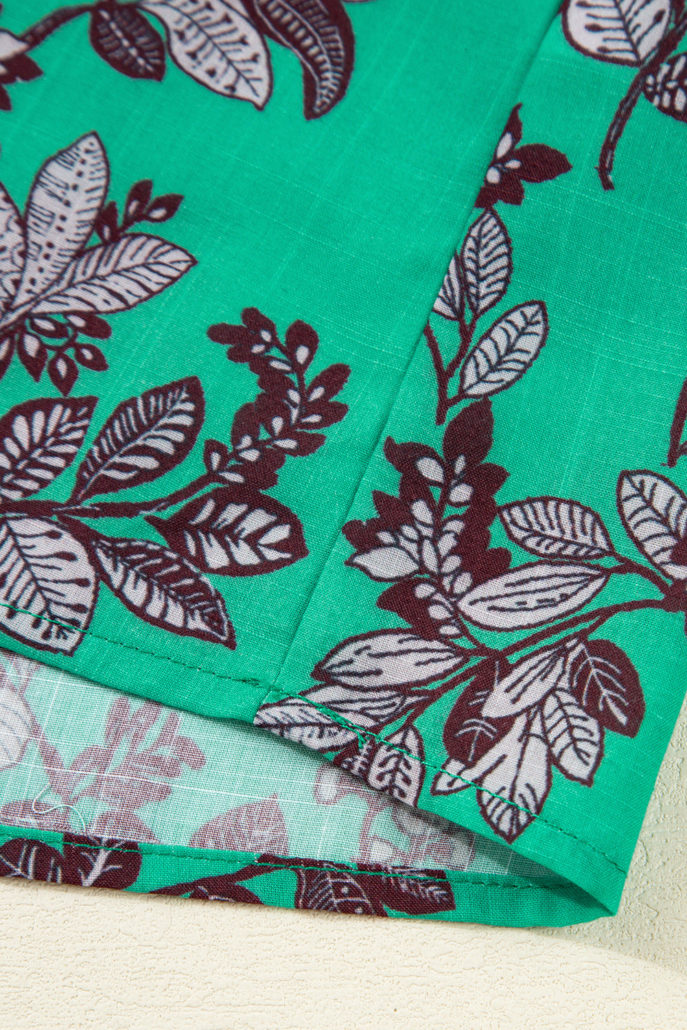 Leaf Print Contrast Trim V-Neck Shirred Puff Sleeve Blouse - eAura