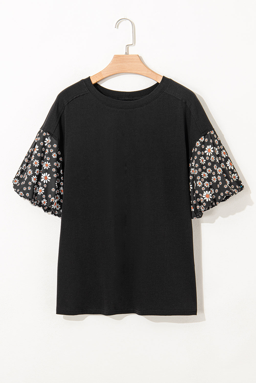 Black Contrast Floral Puff Sleeve Oversized Top eAura