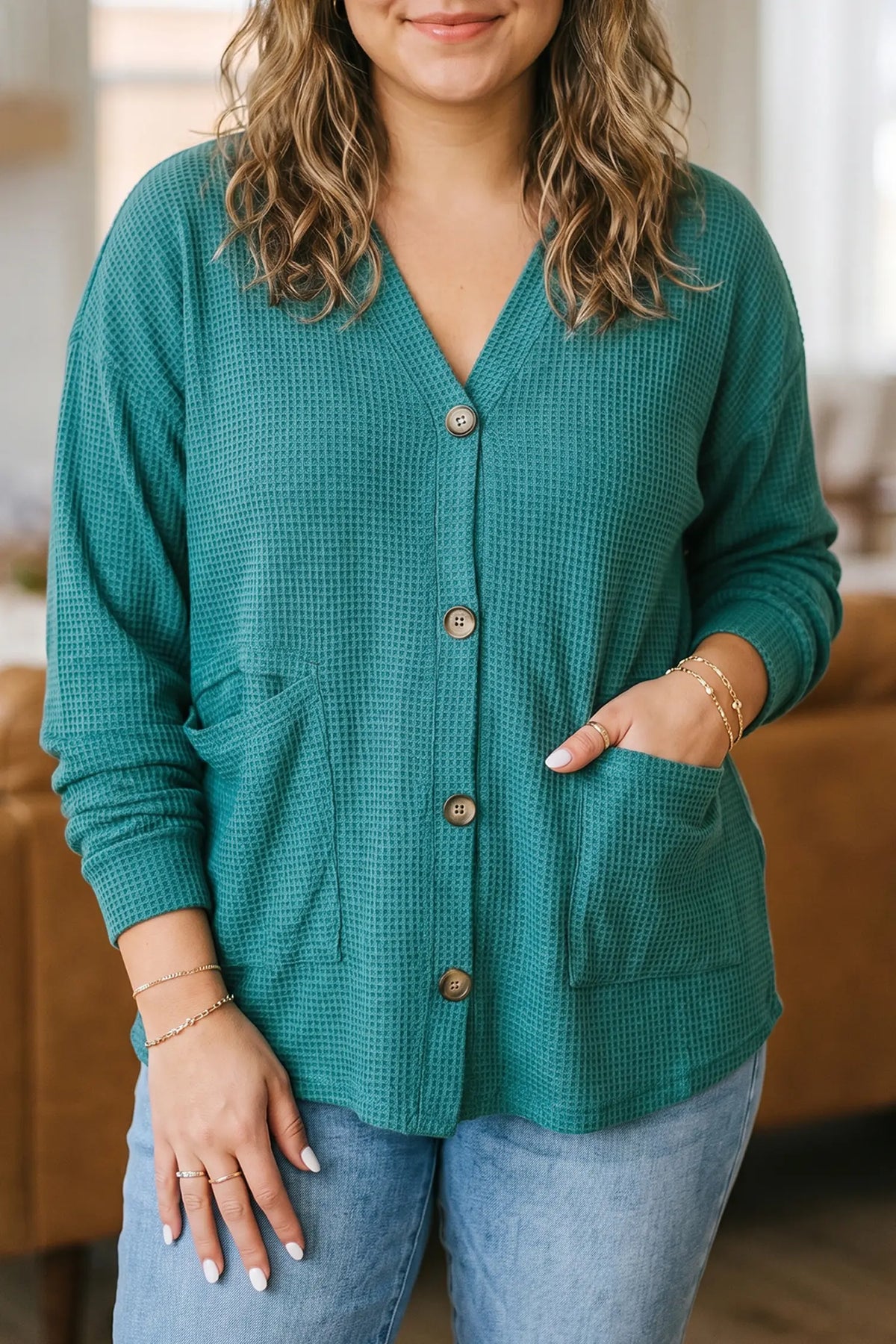 V Neck Waffle Textured Button Front Tunic Long Sleeve Plus Size Cardigan – Lapis