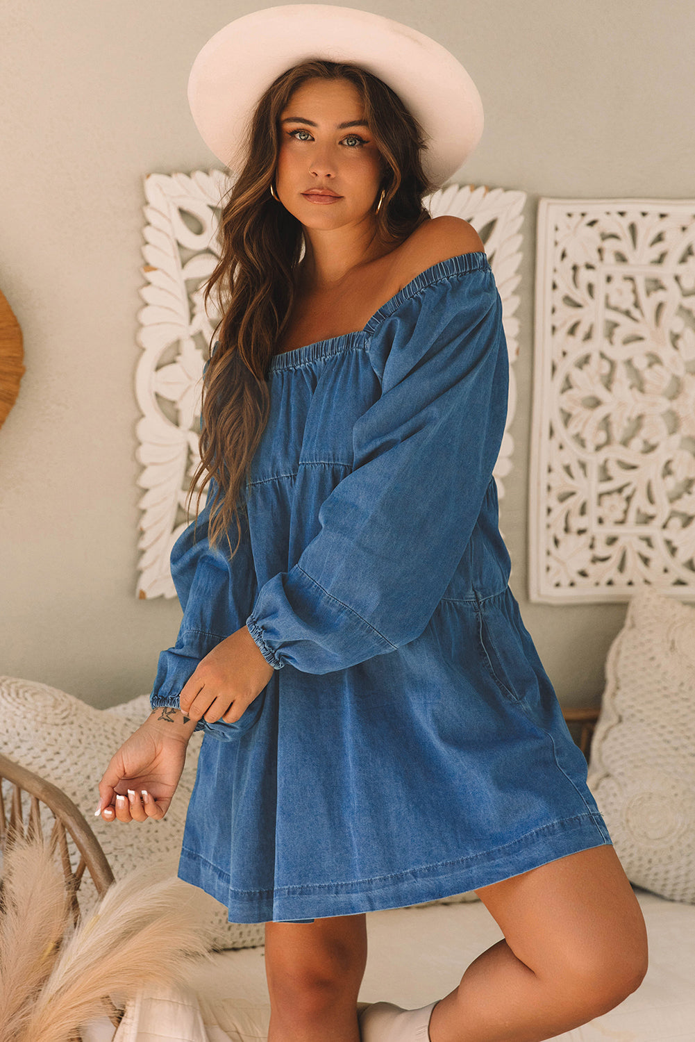 Dusk Blue Square Neck Side Pockets Loose Fit Denim Mini Dress Beagle Boutique Fashion Outlet