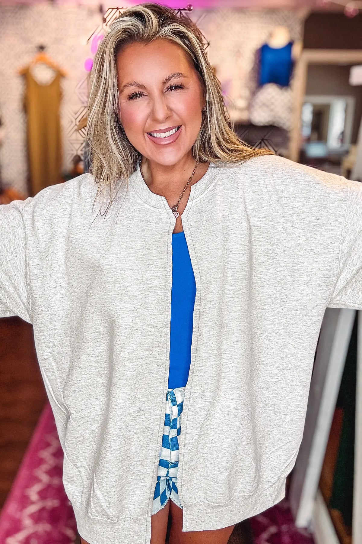Solid Colour Zip Front Jacket Style Sweatshirt – Light Grey