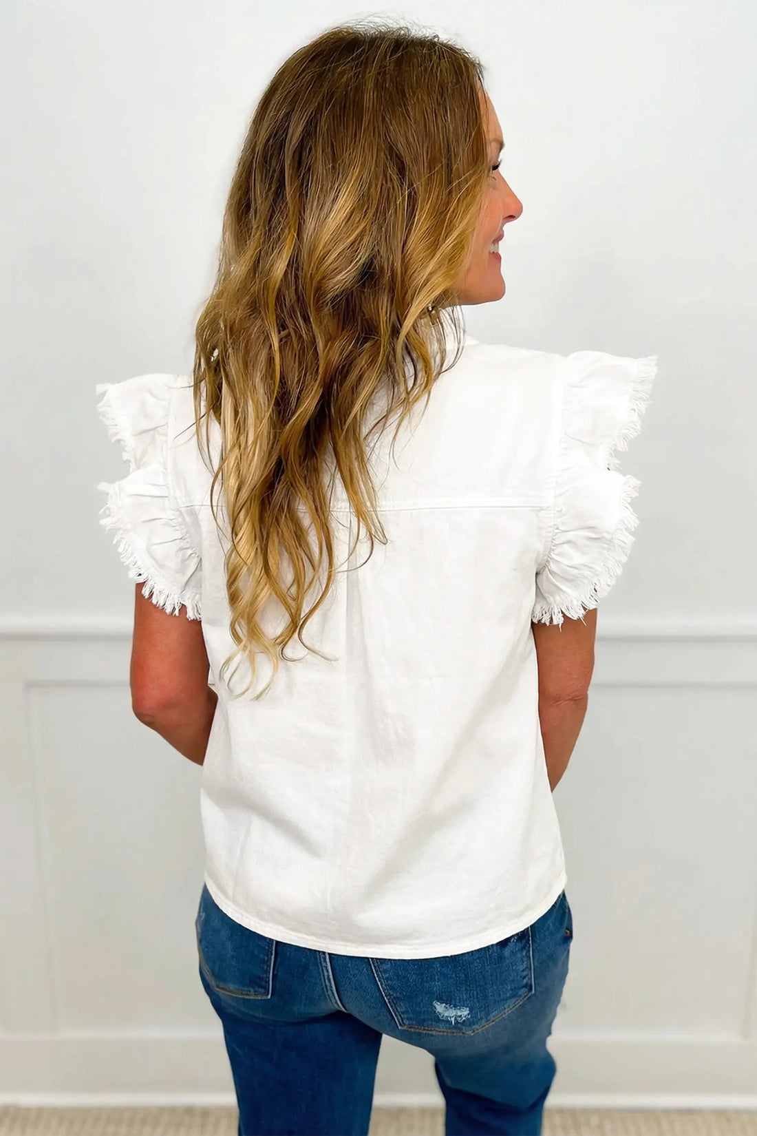 Frilled Collar Flutter Sleeve Denim Top – White