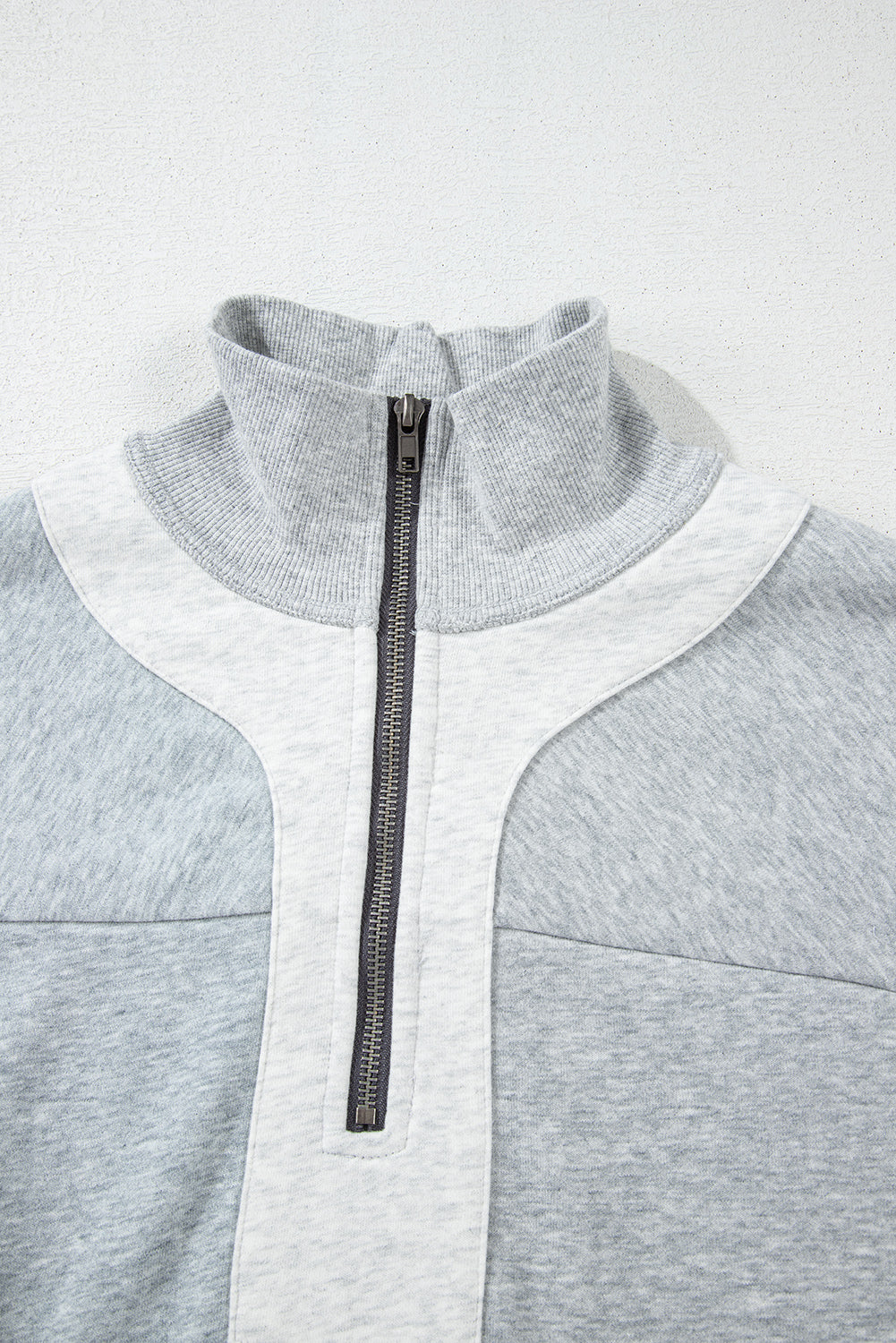 Grey Half Zipper Collared Drop Shoulder Side Slits Sweatshirt eAura