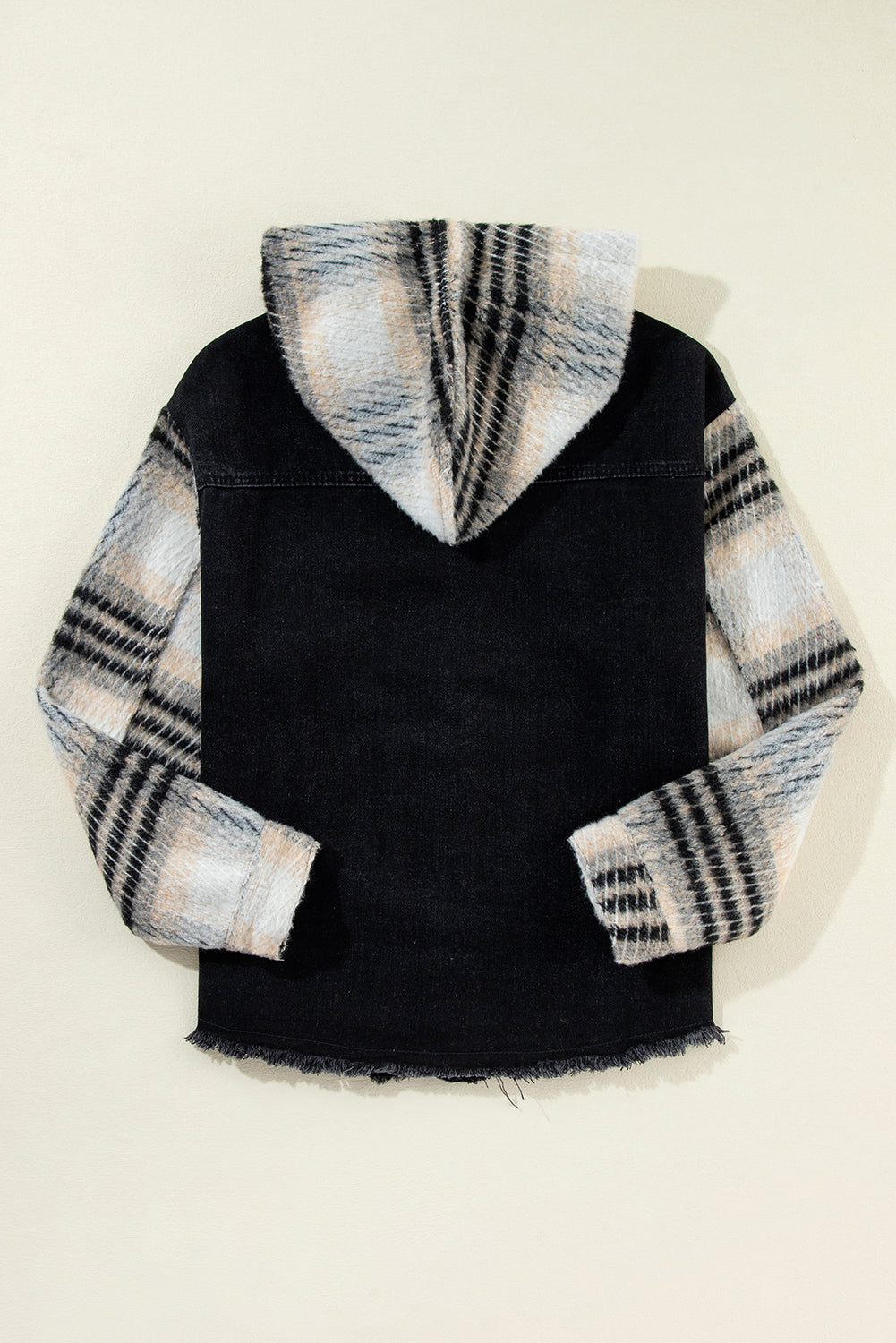 Black Plaid Sleeve Frayed Hem Hooded Denim Jacket Beagle Boutique Fashion Outlet