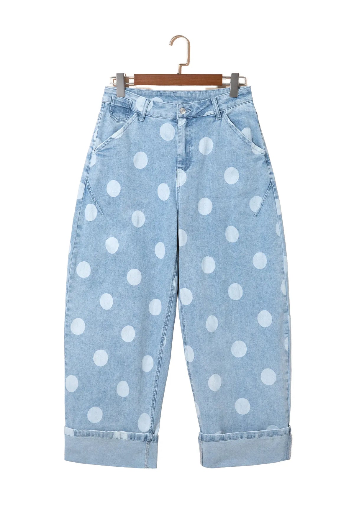 Polka Dot Ankle-Length Metal Button Casual Jeans – Brown