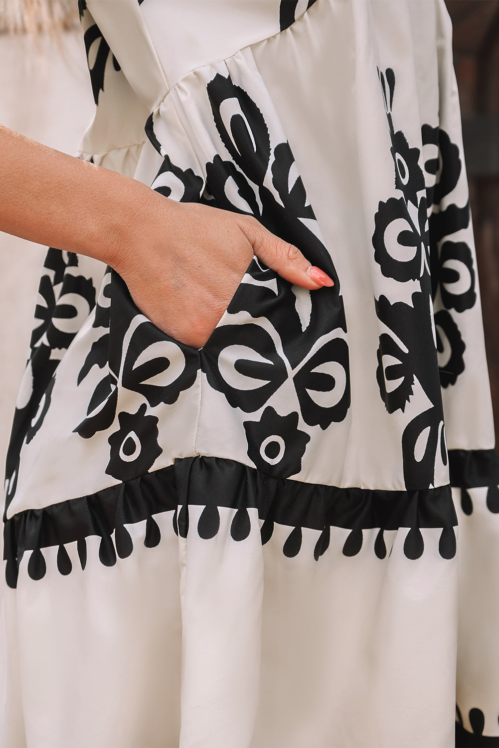 Black Vintage Print V Neck High Waist Short Sleeve Dress eAura