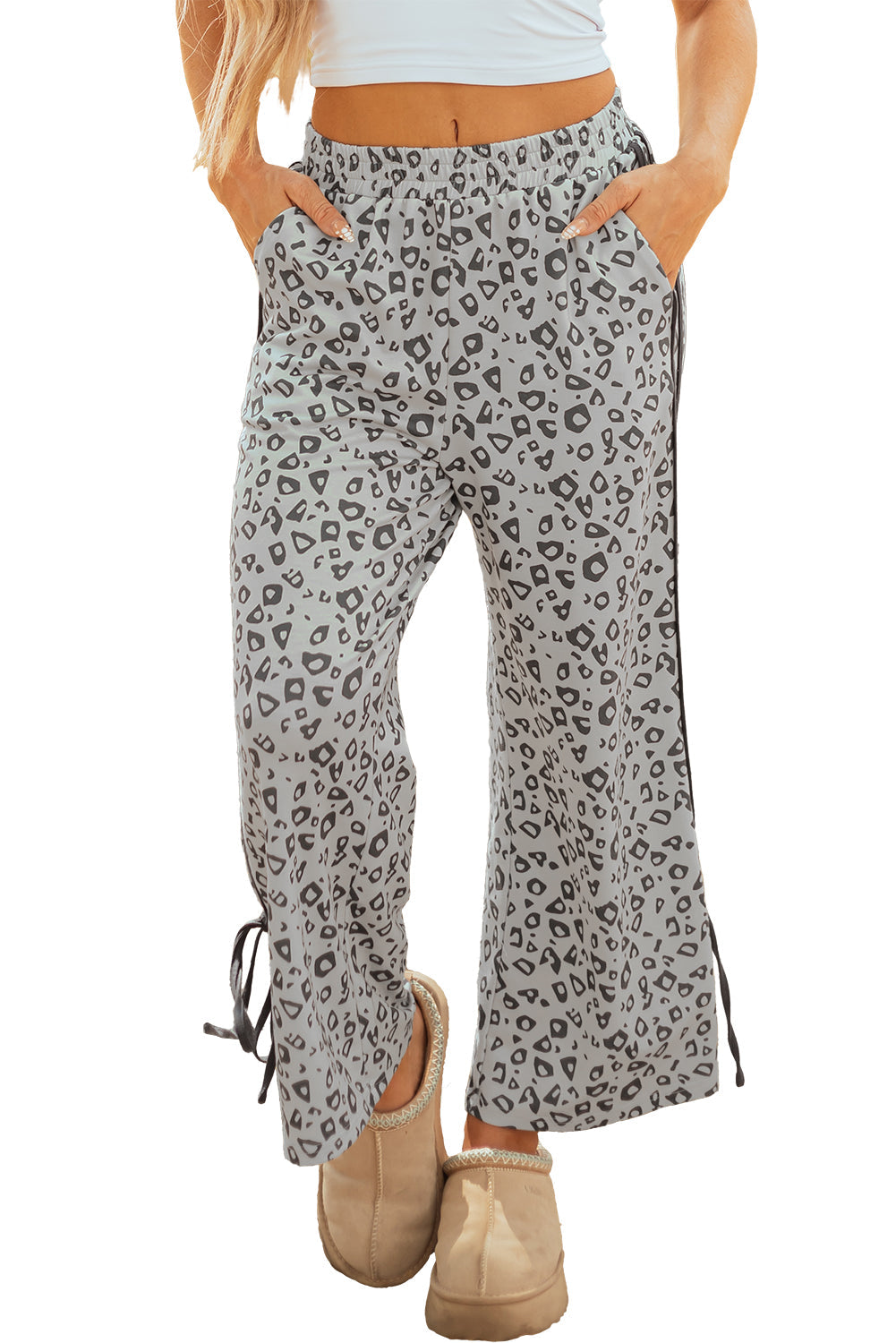Grey Leopard High Waist Side Bow Straight Leg eAura