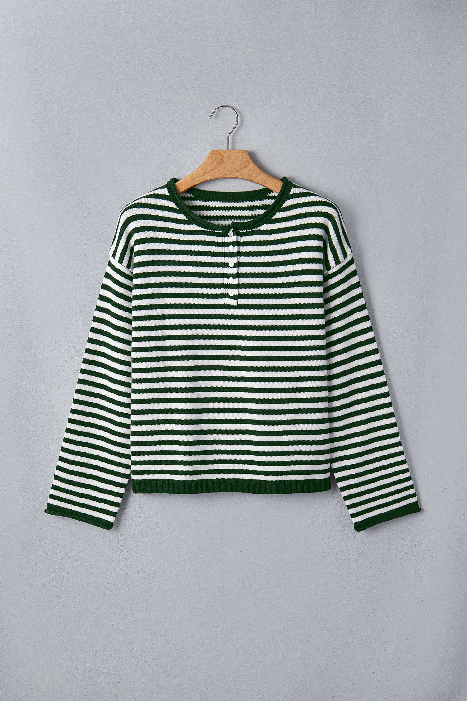 Striped Button Placket Drop Shoulder Long Sleeve Sweater – Pink Stripe