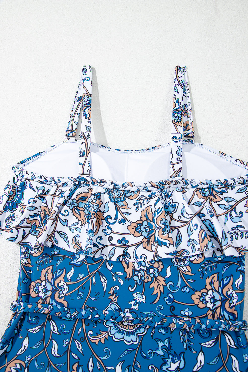 Sky Blue Floral Printed Ruffle Removable Strap One Piece Swimsuit eAura