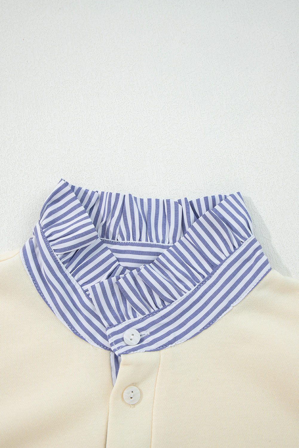Button Striped Collar Patchwork Puff Sleeve Sweatshirt - eAura