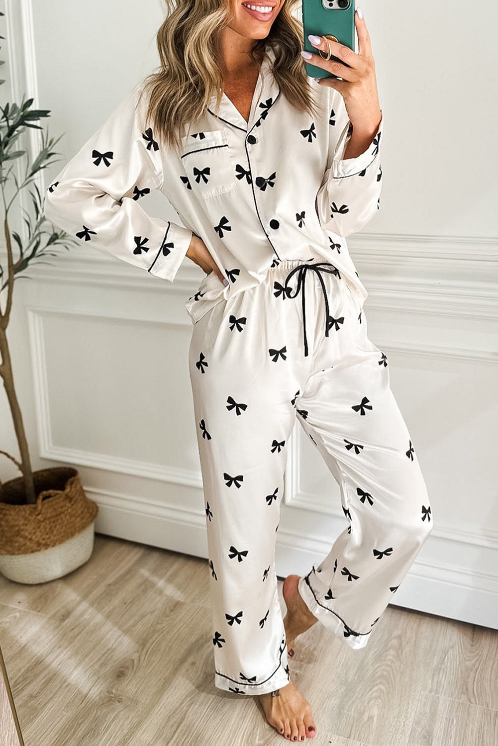 White Bows Print Two Piece Pyjama Set - eAura