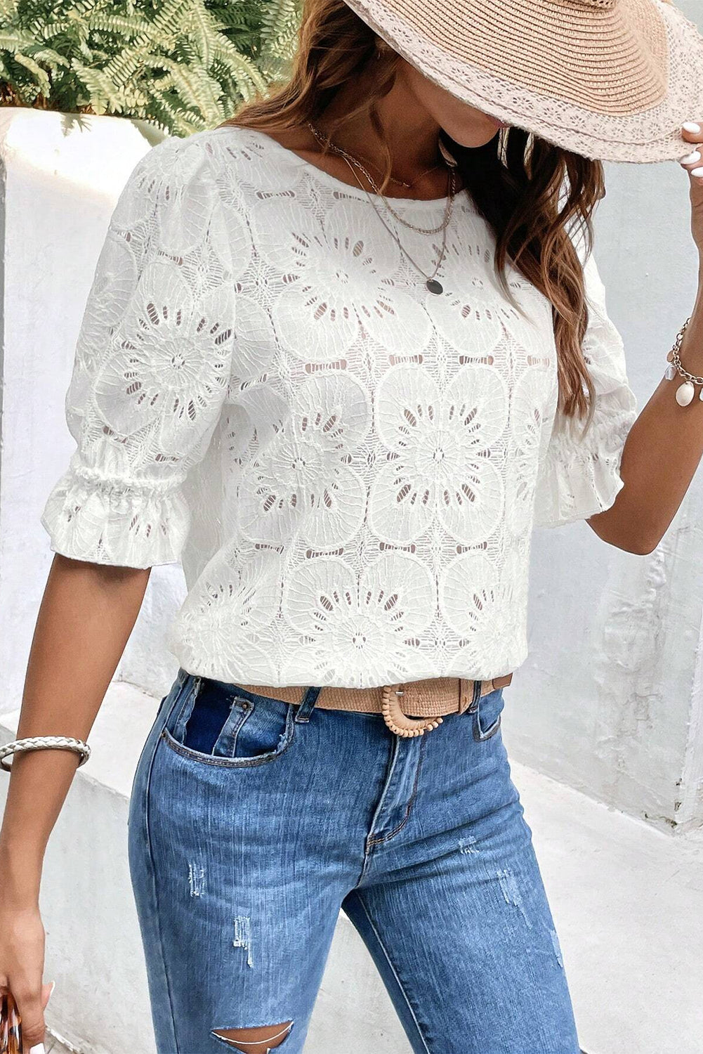 Black Flower Eyelet Jacquard Keyhole Flounce Sleeve Top eAura