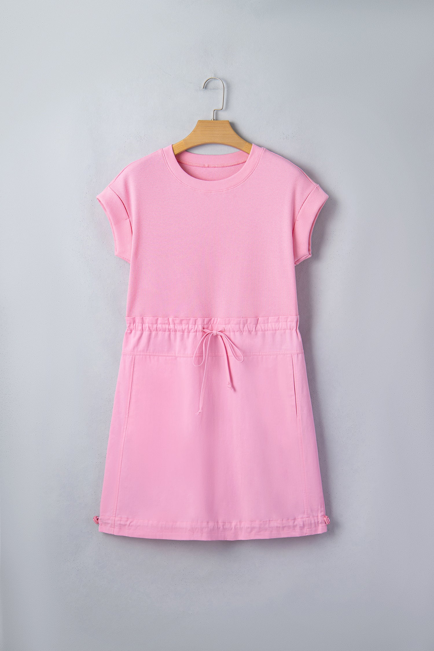 Cuffed Short Sleeve Mix Fabric Patchwork Drawstring Mini Dress – Bonbon