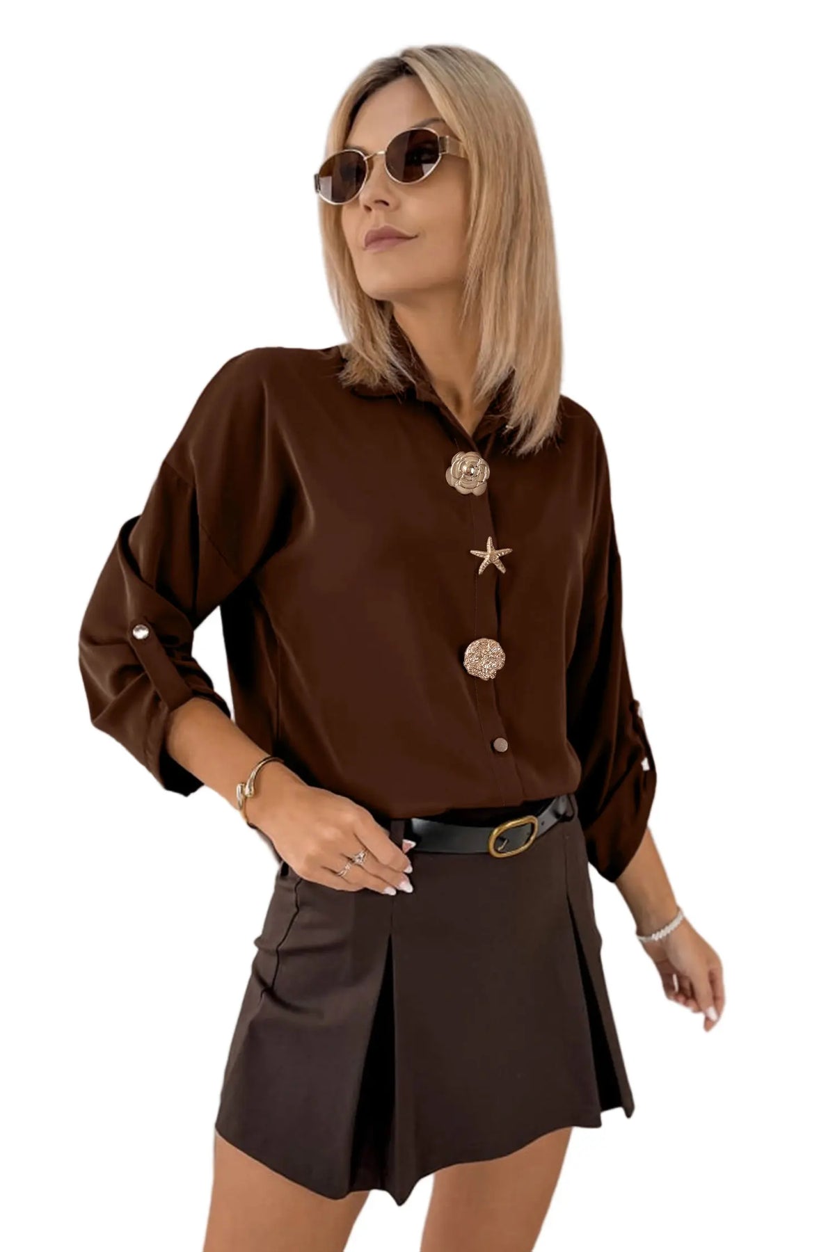 Coffee Multi Button Decoration Tab Long Sleeve Casual Shirt – Brown