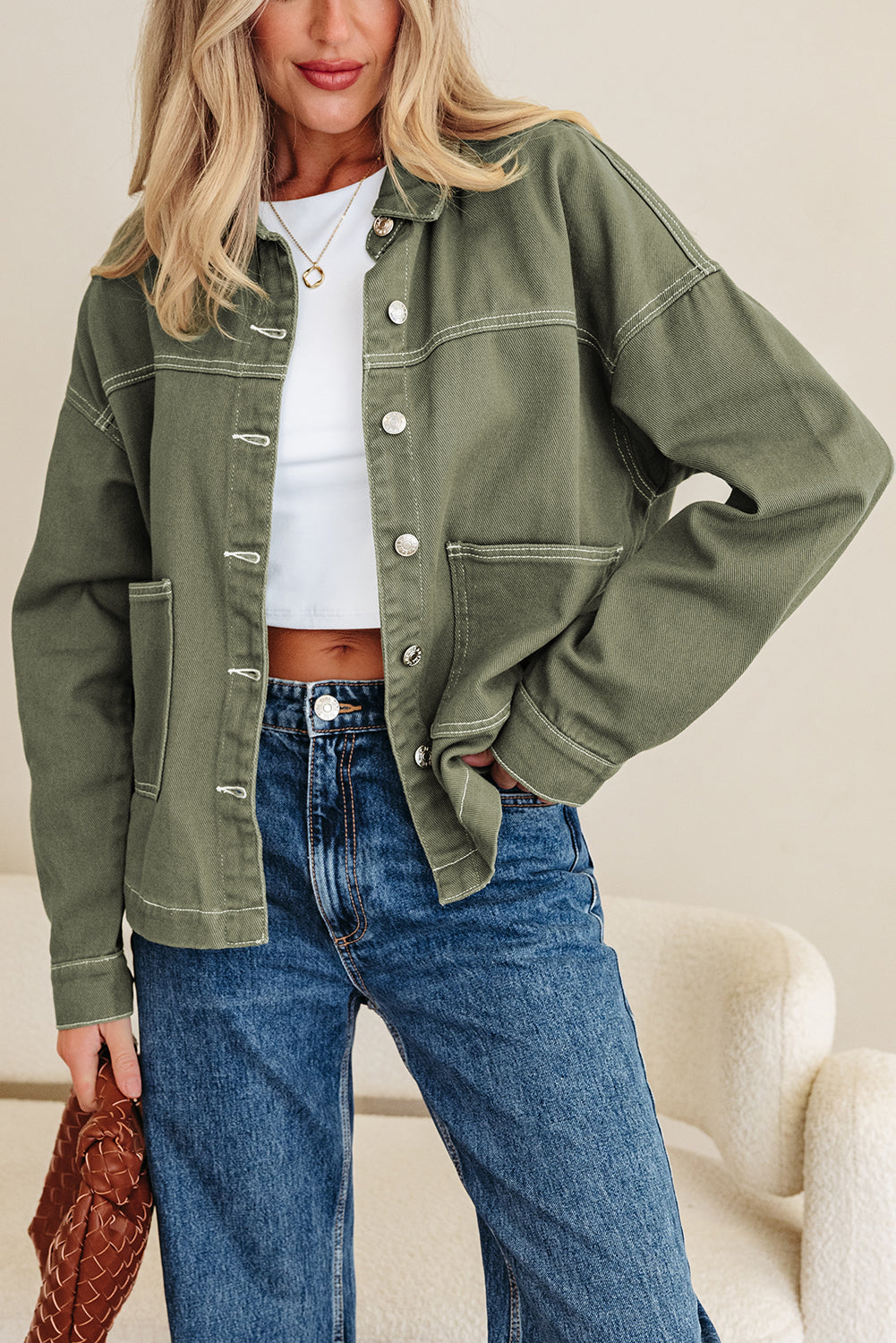 Patched Pocket Collared Button Front Boyfriend Denim Jacket - eAura